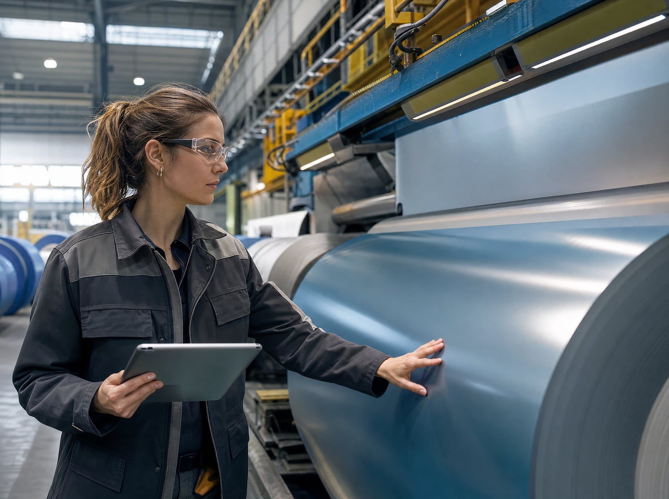KI-generiertes Bild: Ingenieurin mit Schutzbrille und Tablet prüft ein frisch beschichtetes Stahlband an einer modernen Coil-Coating-Linie.