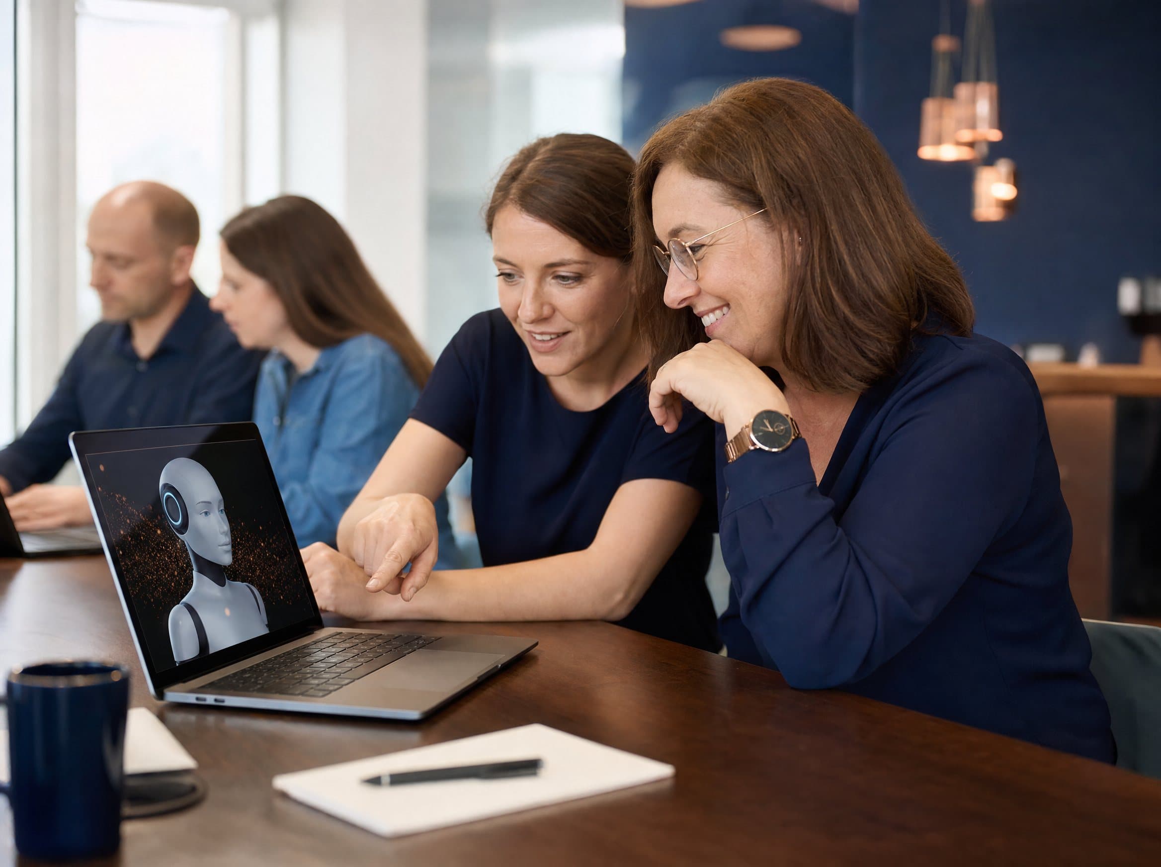 KI-generiertes Bild: Zwei Mitarbeiterinnen lernen gemeinsam am Laptop mit einem KI-Mentor auf dem Bildschirm — moderner Schulungsraum in Navy und Kupfer.