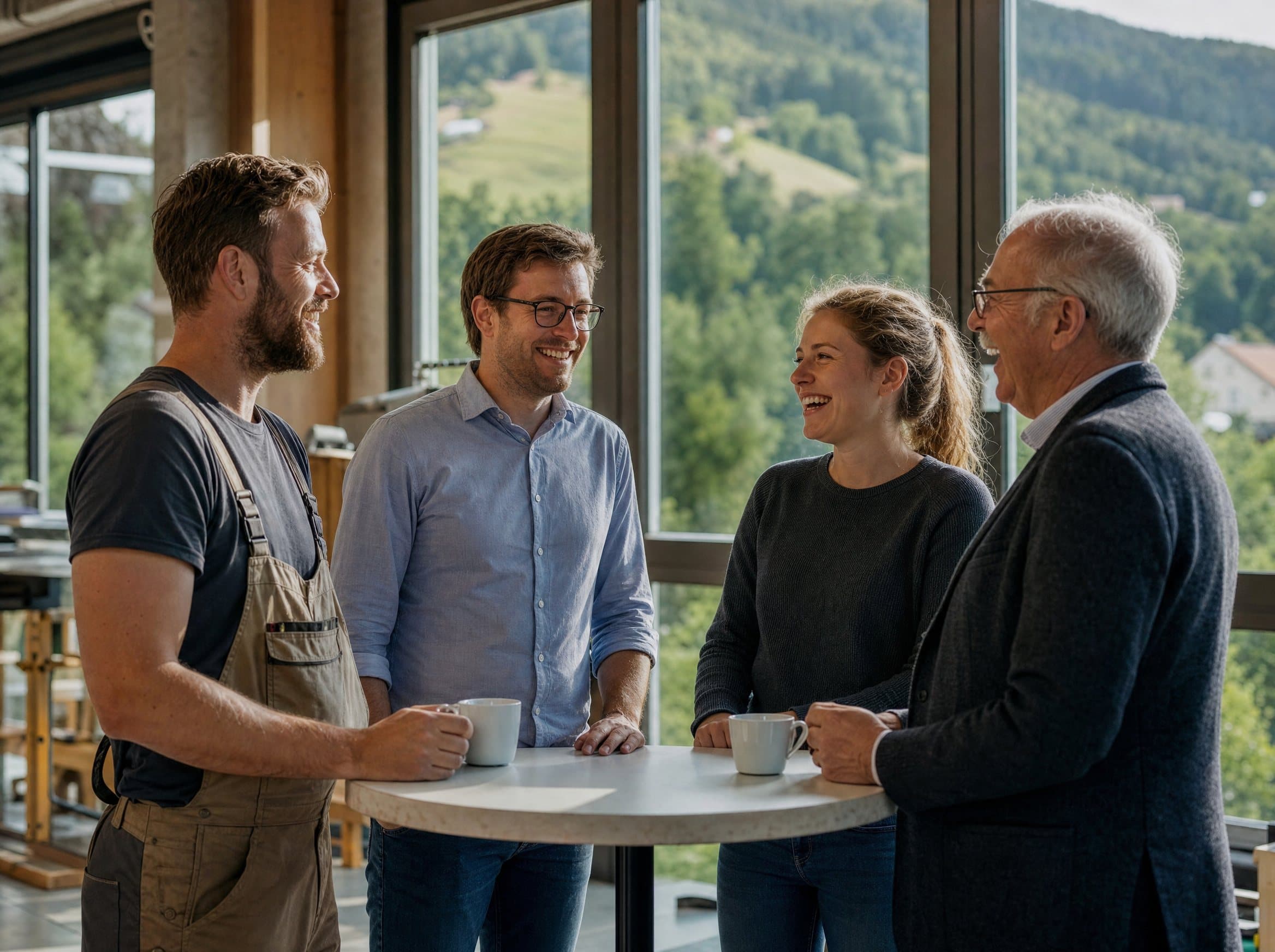 KI-generiertes Bild: Handwerker, Ingenieur, Studentin und Professor im Gespräch am Stehtisch — Werkstatt mit Blick auf bewaldete Hügel.