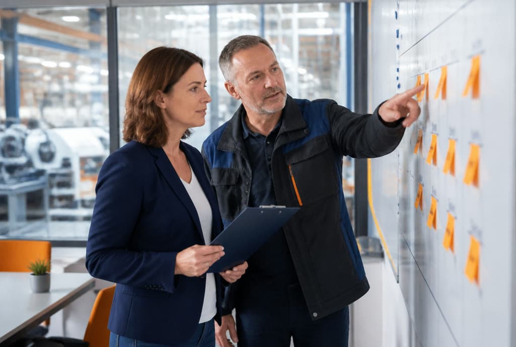 KI-generiertes Bild: Beraterin und Werker ordnen Tätigkeiten an einem Whiteboard mit Haftnotizen — Produktionshalle hinter Glas.